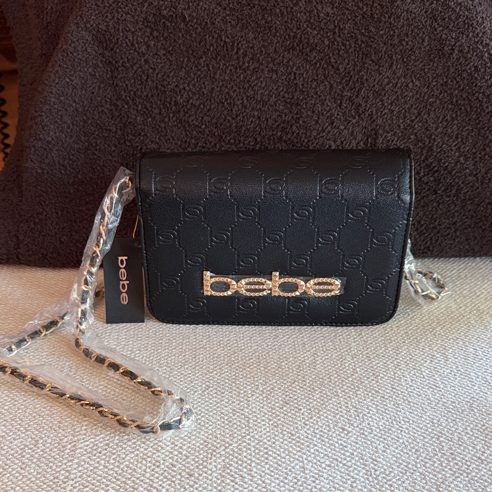 bebe Black Quilted Logo Crossbody with Chain Strap